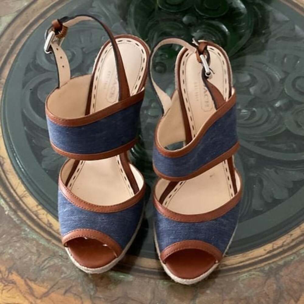 Coach Espadrille Denim & Leather Wedge Sandals - Size 8